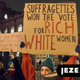 Demonstrators protest against people taking part in a lantern parade to mark 100 years since women first got the vote in the United Kingdom on Feb. 6, 2018, in Bristol, England.